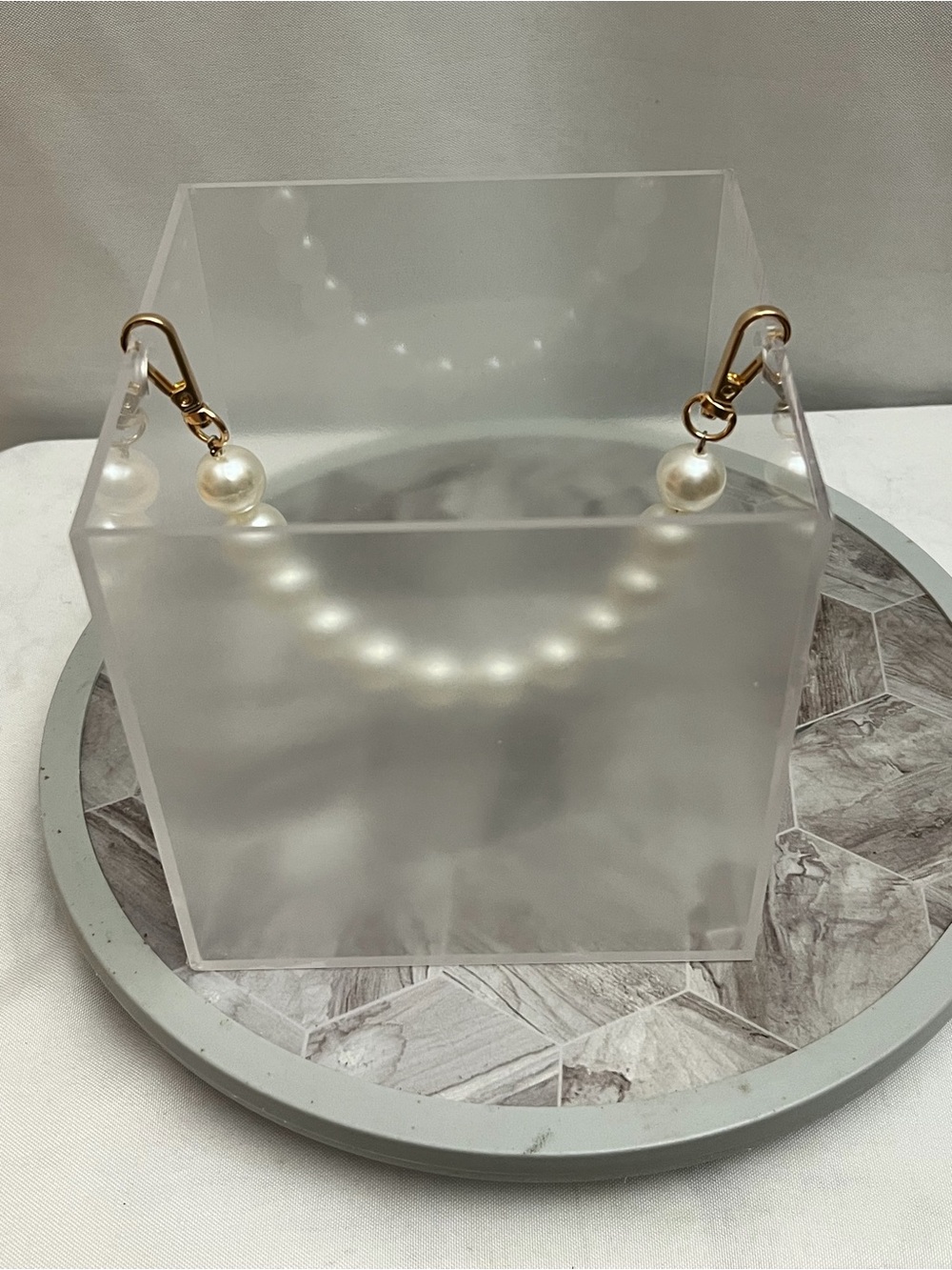 Frosted Acrylic Mini Tote Gift Basket Pearl Handle Clear Storage Organizer
